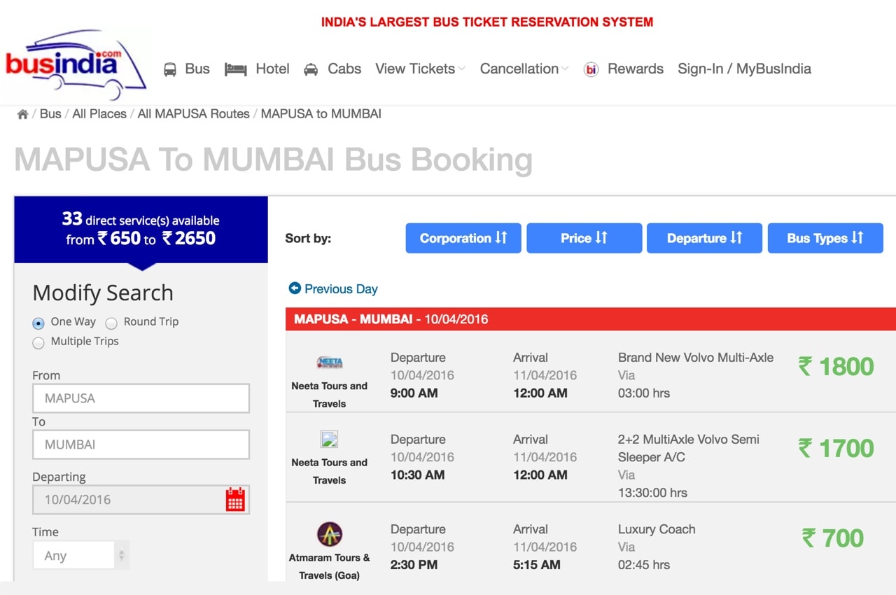 Интерфейс сайта BusIndia.com